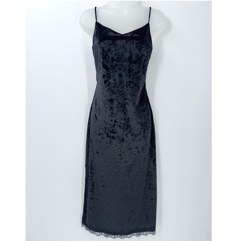 Black Crushed Velvet Lace Trim Midi Dress Womens sz S Whimsigoth Goth 90s Grunge
